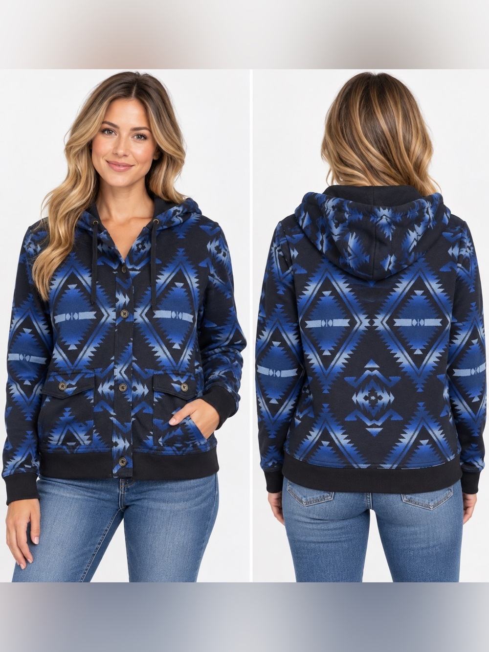 Lauren Ralph Lauren Jeans Co Jacket L Blue Aztec Southwestern Hooded Button